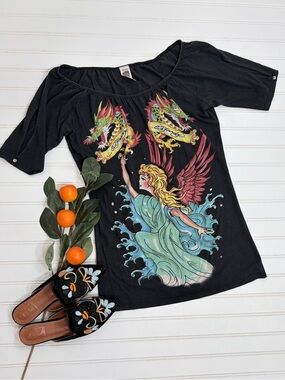 Ed Hardy Y2K Dragons Angel Short Sleeve Graphic Tunic Top